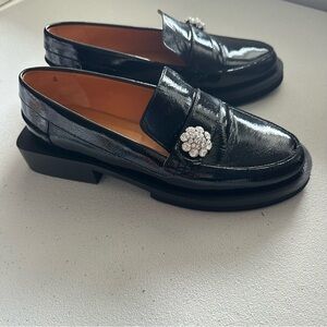 Ganni Jewel Loafers Black Patent Leather Crystal Embellished Chunky Lug